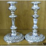 Pair Georgian English Silver Candlesticks, ornately embossed (some cracks), 8”h