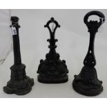 3 x 19thC Cast Iron Door Stops (2 with handles), about 12”h, painted black