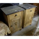 Matching Pair of antique stripped pine bedside cabinets, each with a drawer and a cabinet with