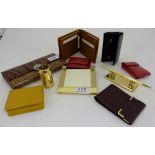 3 piece modern brass desk set & group of various coloured leather coin and note purses