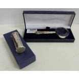 Magnifying glass with silver handle, in presentation case & Birmingham silver dice holder with