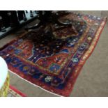 Beautiful Persian full-pile Hamadan Lori Floor Rug, red, grey and blue patterns, central