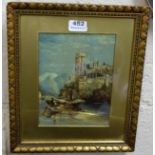 19thC Oil on Canvas, Lake Maggiore Island, Italy - old City Buildings, with mountains behind (