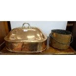 Large domed top Copper Meat Dish Cover with plated handle & copper pot with metal swing handle (2)