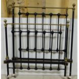 Victorian Iron Bed frame, painted black, with turned end rails, brass finials and brass top rail,