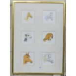Series of 6 Watercolours – portraits of horses and dogs heads, in a single brass frame, all signed C