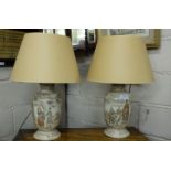 Matching Pair of Japanese Canton Table Lamps with shades, decorated in relief with scholars in