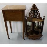 Walnut Corner Shelf with mirror back and an Edw. Inlaid Mahogany Sewing Box with (damaged) hinged