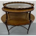 Edwardian Oval Shaped 2-Tier Tray Top Occasional Table, on tapered legs with c-shaped stretchers,