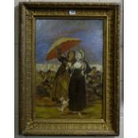 Late 19thC Impressionist Oil on Canvas, Portrait of two Lady’s wearing capes, having a red parasol