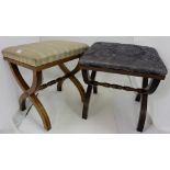 Similar pair of mahogany framed dressing stools, x-framed sides and stretchers, padded removable