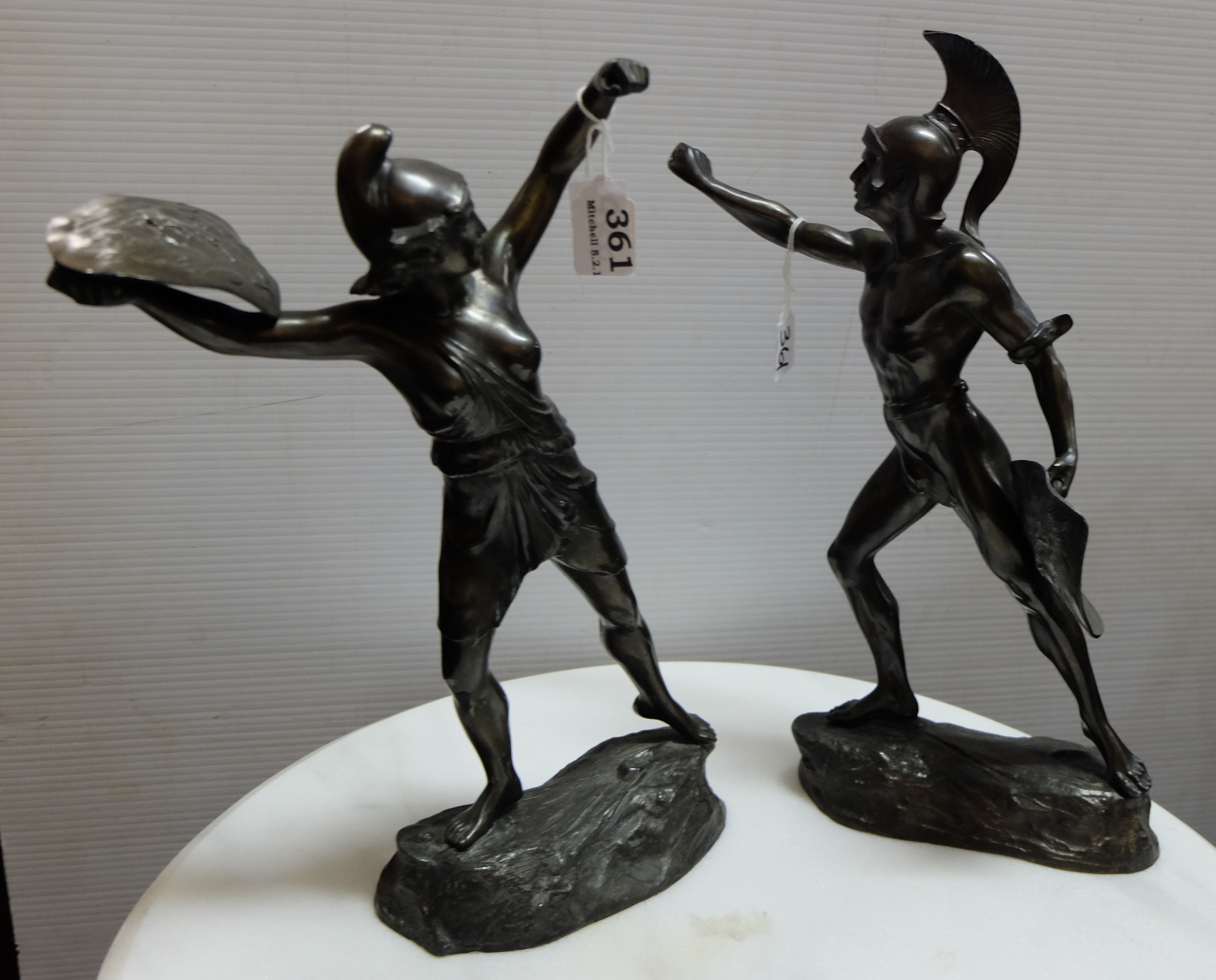 Pair of Bronze Table Figures – Roman Warriors, on metal bases, 13”h