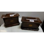 2 similar Regency Mahogany Teapoys - 1 lined with tin on round brass feet 7”w x 6”h with shell inlay