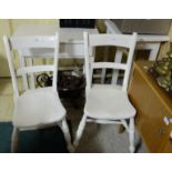 Two pine side tables, painted white and a matching of pair kitchen chairs painted white (3)