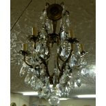 French Brass Chandelier, with multiple glass drops and 6 electric light branches
