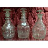 3 Cut Glass Decanters, 19thC, with round bases, flat top stoppers and three ringed necks (3)
