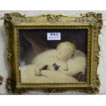 Victorian Watercolour – portrait of a sleeping baby holding a grey kitten, in a moulded gilt