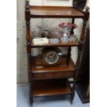 Victorian Mahogany 4-Tier Whatnot, with lower drawer, turned shelf supports, on castors, 2ftw x 51”