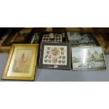 8 framed pictures – pair German armorial etchings, pair watercolours – streets of Antwerp, 3 x