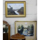 Two 19thC gold framed pictures: Watercolour – figures at a stone bridge and river and an oil – river