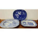 3 blue and white Victorian Meat Plates – 1 with Chinese garden scenes, 2 willow pattern (3)