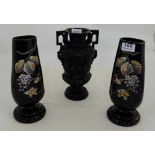 Pair of black ground Opalene Glass Vases with floral décor & a black pottery Vase (3)