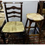 Elm Country Chair, ladder back with rush seat & a pine bar stool with rush seat, round legs (2)