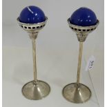 Matching Pair of Hand Made Italian Silver Candle Holders (9”h) with blue candles (2)