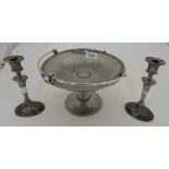 Pair Engraved Silver Plate Candlesticks & American Meridan Plate Bon Dish with handle (3)
