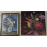Watercolour in oak frame – Still Life of Spring Flowers signed A Scorah 1935 & unframed boxed canvas