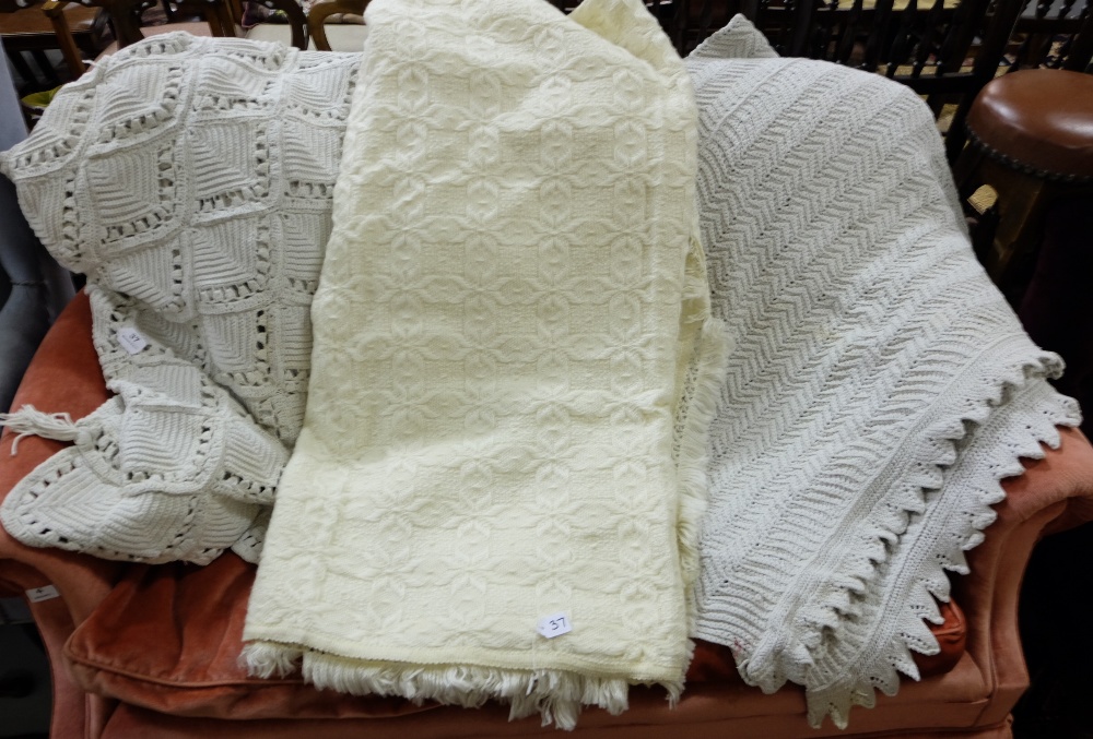 2 heavily crocheted bedspreads (laundered) & 1 cream wool bedspread (3)