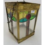 Edwardian Brass Framed Hall Lantern, with coloured leaded glass inserts, 12”h