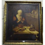 19th C Oil on Canvas – Portrait of a Dutch Woman “Prayer Before Supper”, in a later gold veined