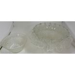 Circular glass punch bowl, with 16 hanging punch cups, 14” dia & a smaller glass bowl (2)