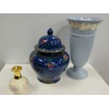 Losol Ware bulbous Vase with Lid, Wedgewood Vase and a shelf of China Items – lattice dish,