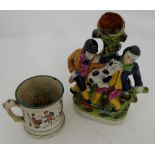 Victorian Staffordshire Tankard with tavern scene, frog inside with Staffordshire Figure “Murder