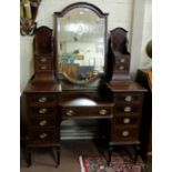 19thC Mahogany Dressing Table, inlaid with satinwood, the swivel and beveled mirror with two-