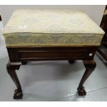 Mahogany Piano Seat/Dressing Stool, with high padded cushion, blue fabric cover, on ball and claw
