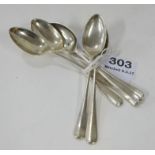 6 London Silver Teaspoons, 1910, rat tail design by J R & S