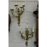 Matching Pair of Brass Wall Light Sconces, each with 5 shaped branches (electrified), each 18”h x