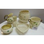 6 pieces Belleek – small heart shaped basket, sugar bowl (damaged), shamrock patterned jug and sugar
