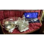 3 piece silver handled button hook set, Sl Pl Entree Dish & Sugar Bowl & condiment set in stand (4)