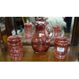 3 Pieces Victorian Red Glass – Water Jug with clear handle and two jam pots with lids (3)