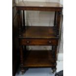 3 Tier Regency mahogany Étagère, with turned side supports and central drawer, 20”w x 15”d x 38”h