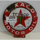 An original Texaco Motor Oil Circular Double Sided Petrol Pump Enamel Sign Plaque, 5.5” dia,
