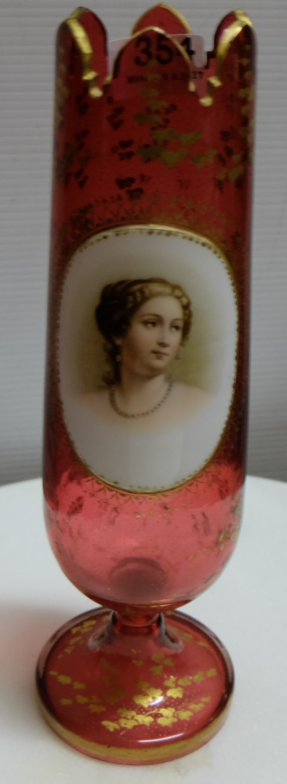 Victorian Red Glass Bohemian Vase, with gilt highlights, painted with oval cameo portrait of