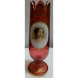 Victorian Red Glass Bohemian Vase, with gilt highlights, painted with oval cameo portrait of