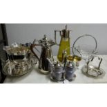 9 Silver Plate Items – Water Jugs, condiment set, bon bon dishes etc