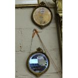 Matching Pair of circular bevelled wall mirrors with raised gilded borders (piece missing), 11”h