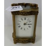 19thC Brass Framed Carriage Clock, with decorative upper and lower borders, on 4 turned feet, 5”h
